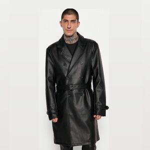 Mens 2X black faux leather trench coat 46R